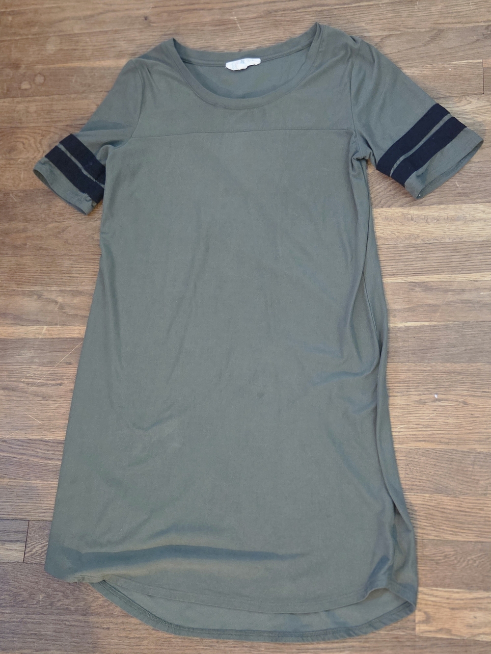 Pink Rose Olive Green Short Sleeve Shift Dress with Navy Sleeve Stripes